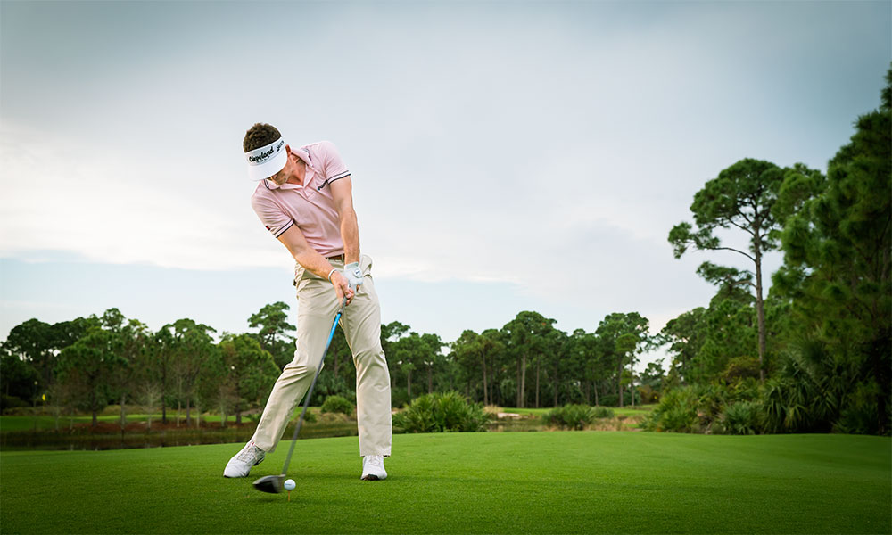 Keegan Bradley teeing off with a driver